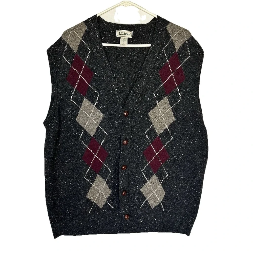 Vtg LL Bean 90s Men's Gray 100% Wool Argyle Vest Scotland 5-Button Large V-Neck